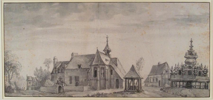 De kapel van het Melaatsenhuis en de grote lindeboom buiten de Haagsche Poort te Kleef (Duitsland)