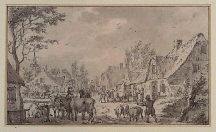 Dorpsgezicht met beestenmarkt