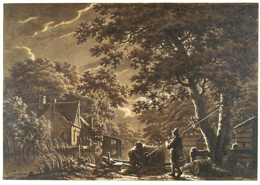 Vissers met een fuik bij een aangemeerde boot aan een kanaal bij maneschijn