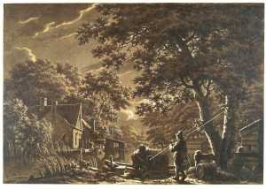 vissers-met-een-fuik-bij-een-aangemeerde-boot-aan-een-kanaal-bij-maneschijn