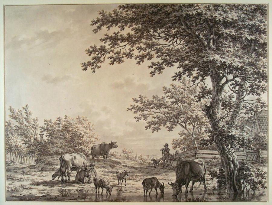 Bosachtig landschap met een kudde bij een poel, mogelijk in het dorp Bloemendaal bij Haarlem (provincie Noord-Holland)