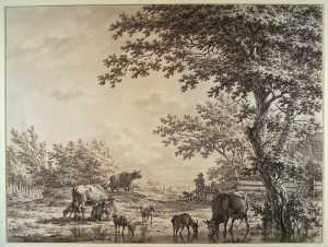 bosachtig-landschap-met-een-kudde-bij-een-poel-mogelijk-in-het-dorp-bloemendaal-bij-haarlem-provincie-noord-holland