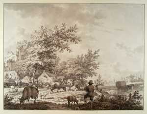 landschap-met-kudde-voor-een-boerderij-bij-een-kasteelruine-mogelijk-brederode-bij-velsen-provincie-noord-holland