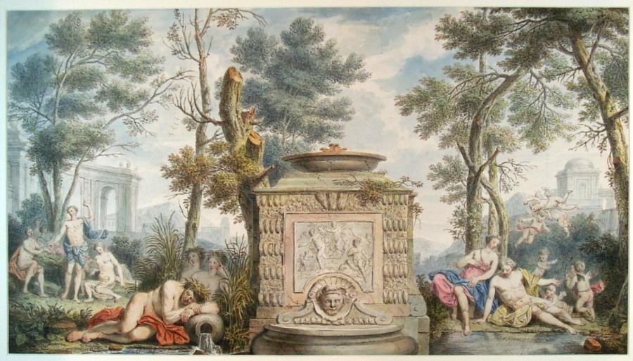 Arcadian Landscape With Figures Around a Monumental Fountain