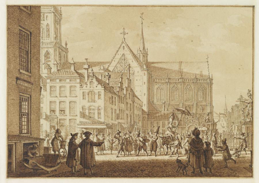 Stadsgezicht met een optocht voor een grote kerk