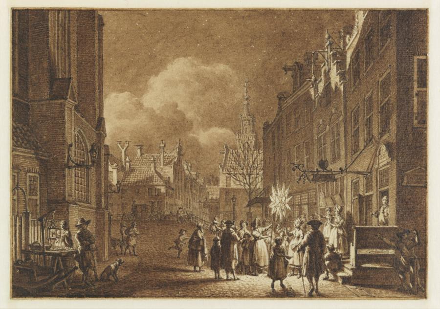 Stadsgezicht met een kerk tijdens vastenavond