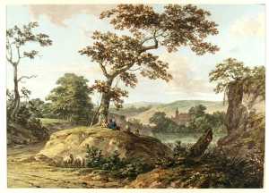 hilly-landscape-with-herdsman-and-sheep-under-a-tall-tree-near-a-waterfall-a-castle-in-the-distance