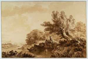 landscape-on-the-rhine-near-amerongen-with-two-moored-cargo-barges-and-swimmers-utrecht-province