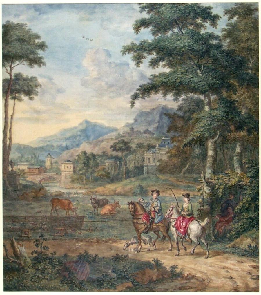 Design for a Wall Hanging with a Two Horsemen near a Finchery