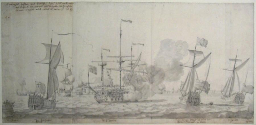 De reis van Willem van Oranje en Prinses Maria naar Holland, November/December 1677: de St David geeft een kanonsaluut aan de jachten