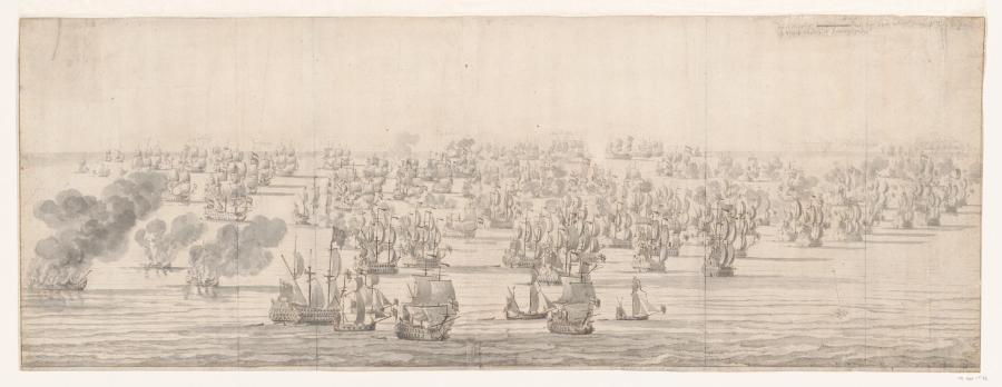 De Hollands-Engelse zeeslag bij Solebay, 28 mei 1672, nadat de hertog van York zijn vlag heeft overgebracht naar de 'London'