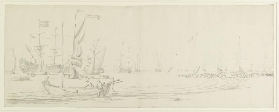 Schepen bij vloed voor anker in een riviermonding