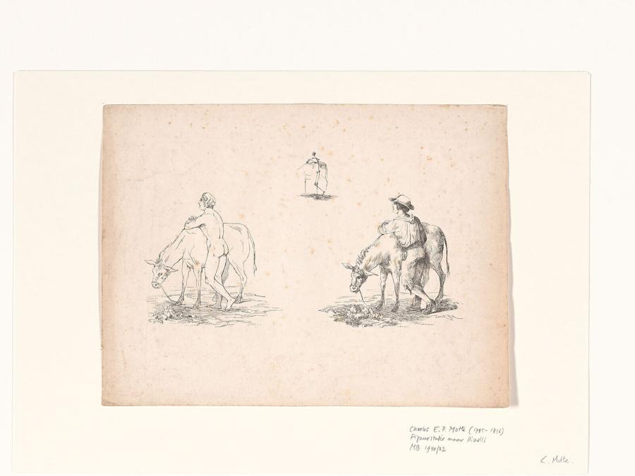 Drie studies van een man leunend op een ezel