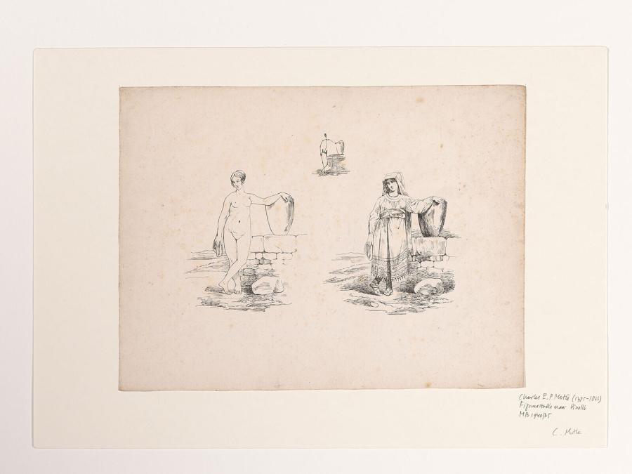 Drie studies van een vrouw bij een waterput