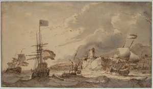 ships-on-rough-water-off-a-rocky-coast