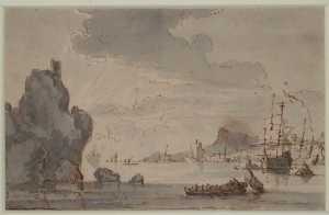 bay-with-rocks-and-ships-at-sunset