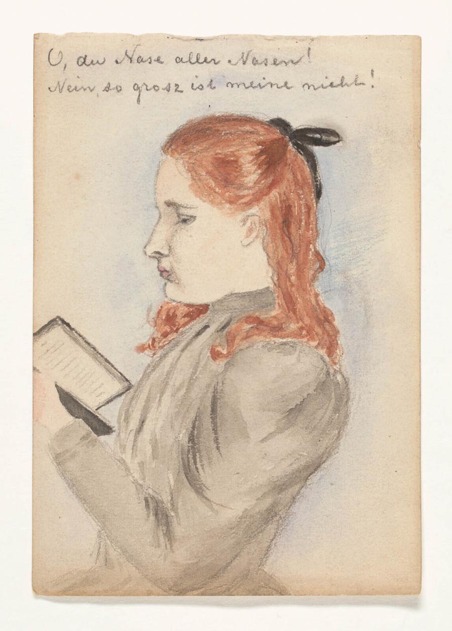 Tekening uit schetsboek: Lezend meisje, naar links