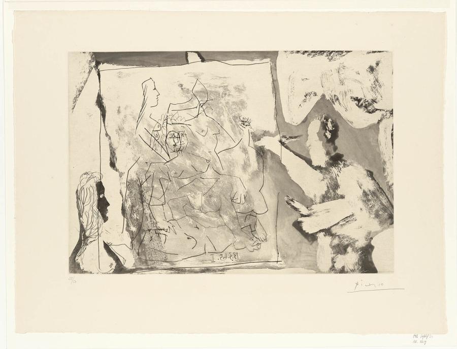 In het atelier: doek met vier vrouwen