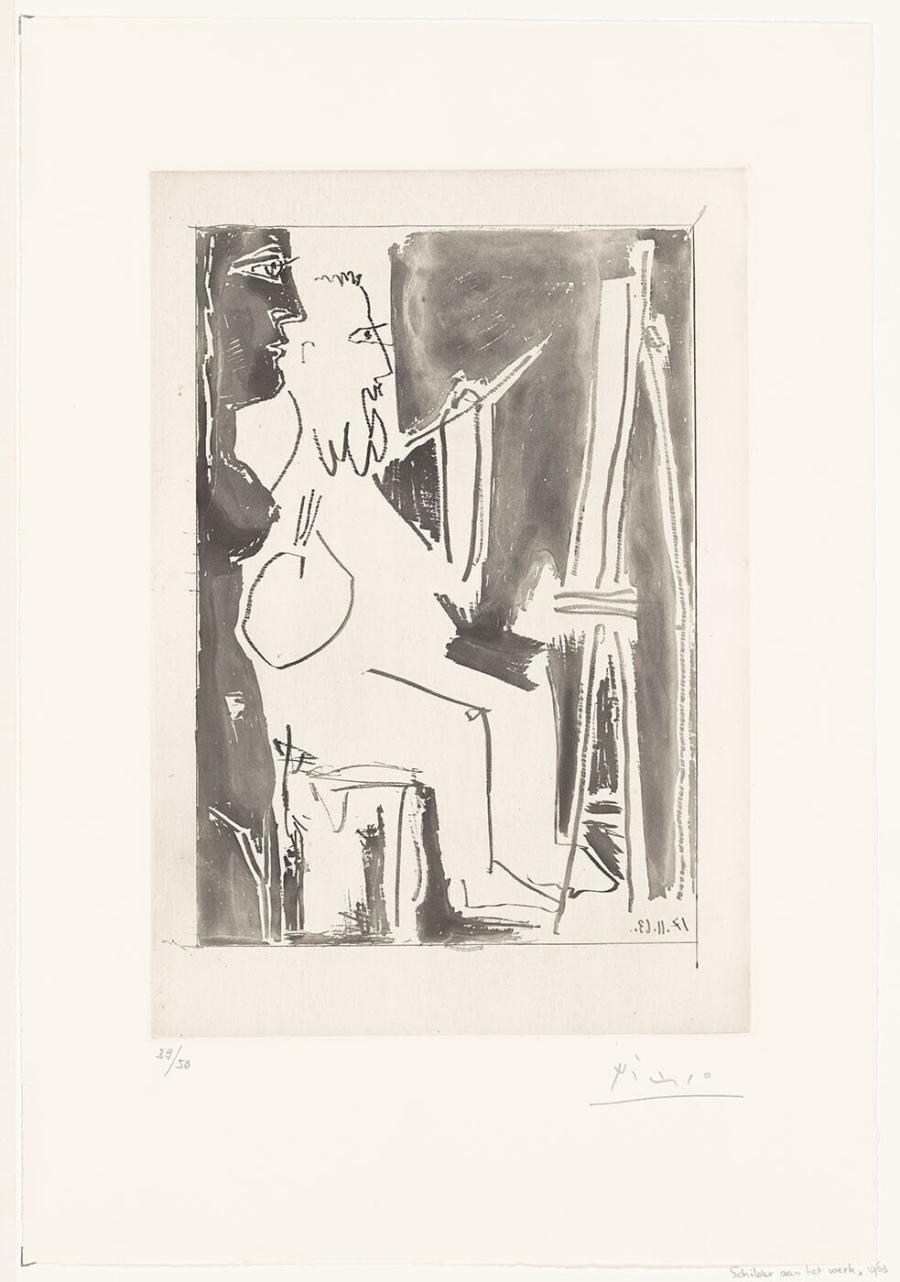 Schilder met zijn ezel en staande naakte vrouw