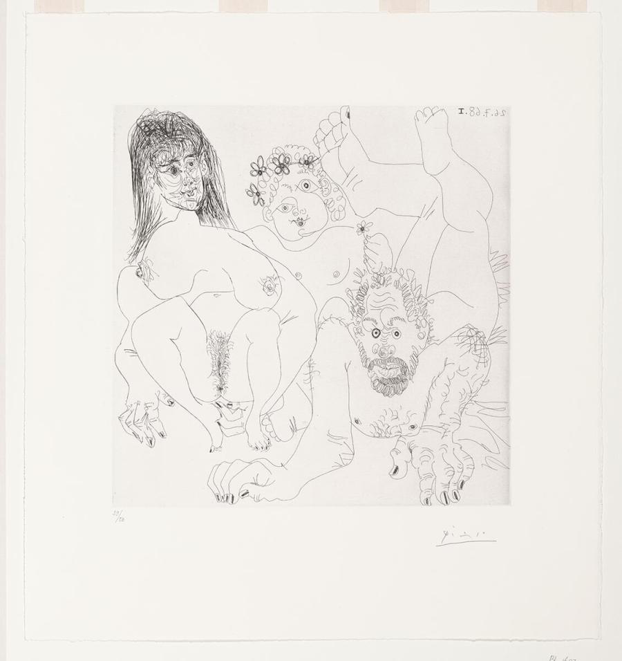 Paar in de open lucht, met een putto met bloemenkrans