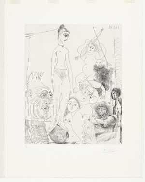 zelfportret-omgezet-en-in-tweeen-gedeeld-dromend-van-het-circus-met-jacqueline-als-acrobate-op-een-bal