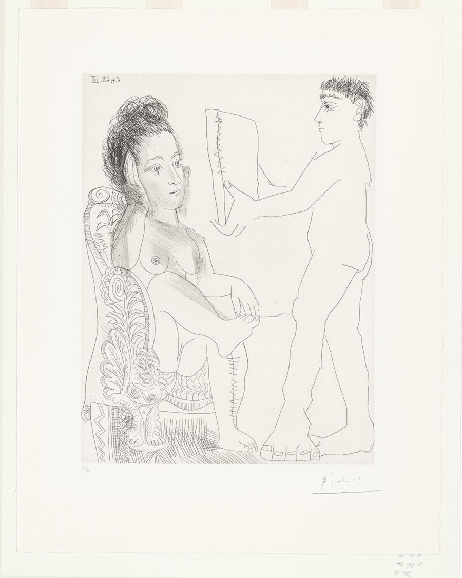 Jonge man die een spiegel of een portret toont aan een vrouw