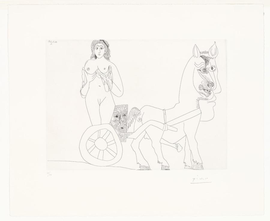 Vrouw op een Romeinse strijdwagen op een halfmenselijk paard