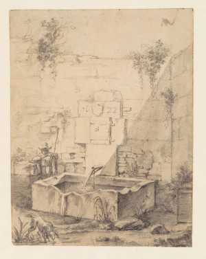 man-and-dog-at-wall-fountain-in-rome