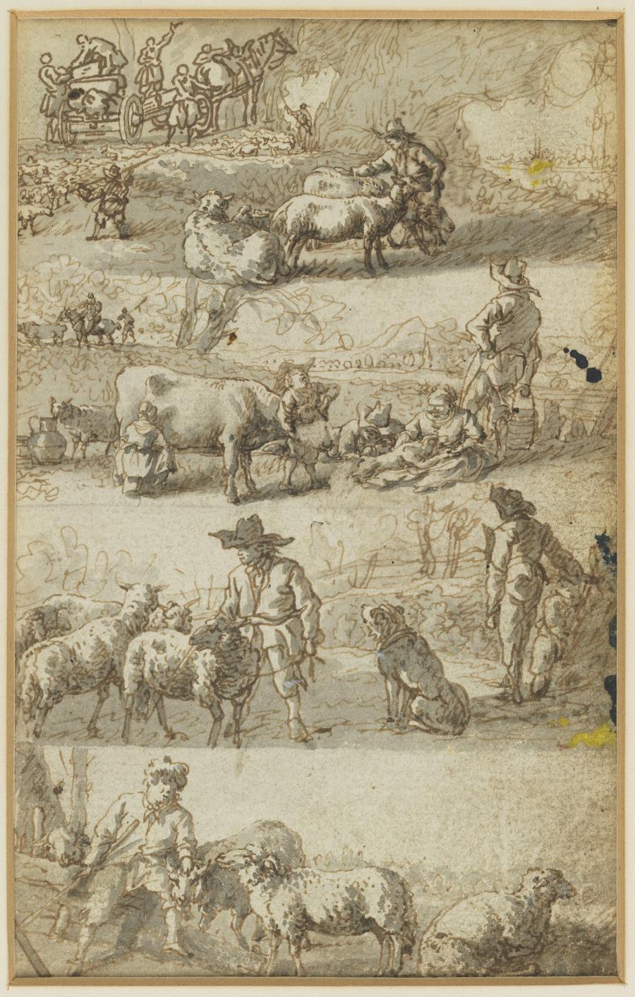 One of Seven Sheets with Studies from a Lost Drawing-Book: Four Landscapes with Herdsmen and Cattle