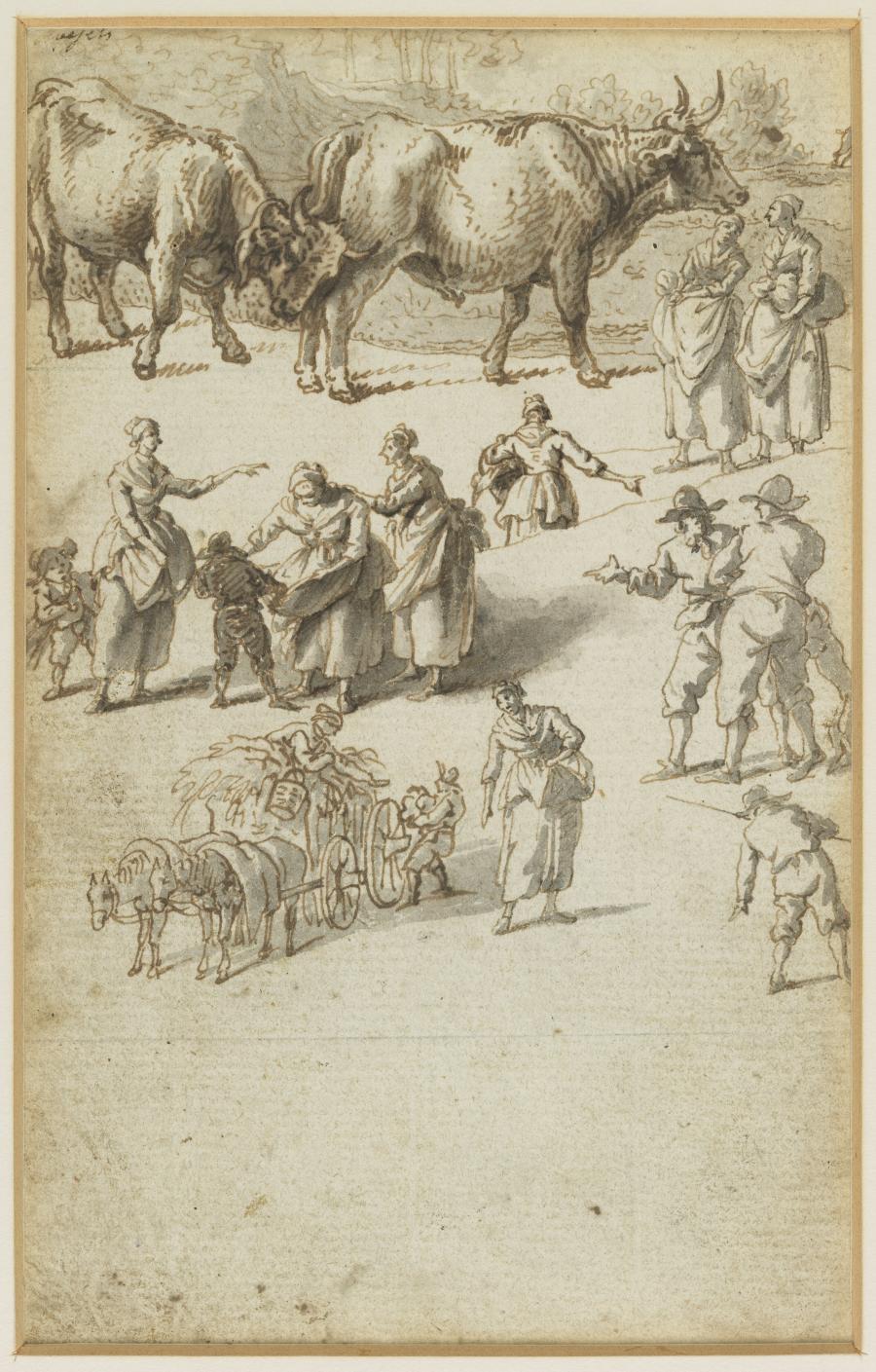 One of Seven Sheets with Studies from a Lost Drawing-Book: Two Bulls, Peasants and a Hay Wain