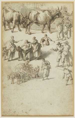 one-of-seven-sheets-with-studies-from-a-lost-drawing-book-two-bulls-peasants-and-a-hay-wain