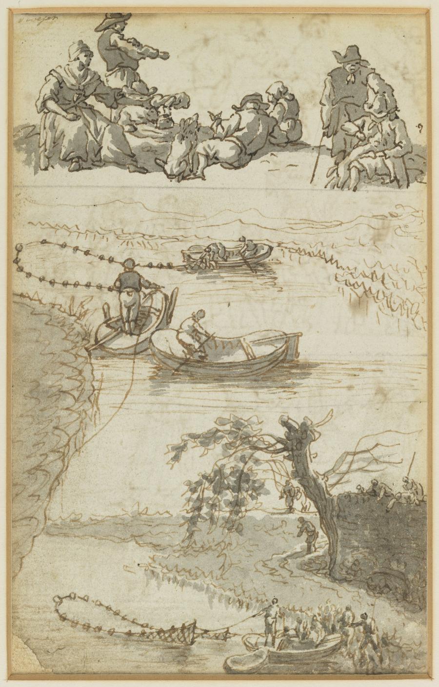 One of Seven Sheets with Studies from a Lost Drawing-Book: Countrymen Resting and Two Compositions with Fishermen in Boats