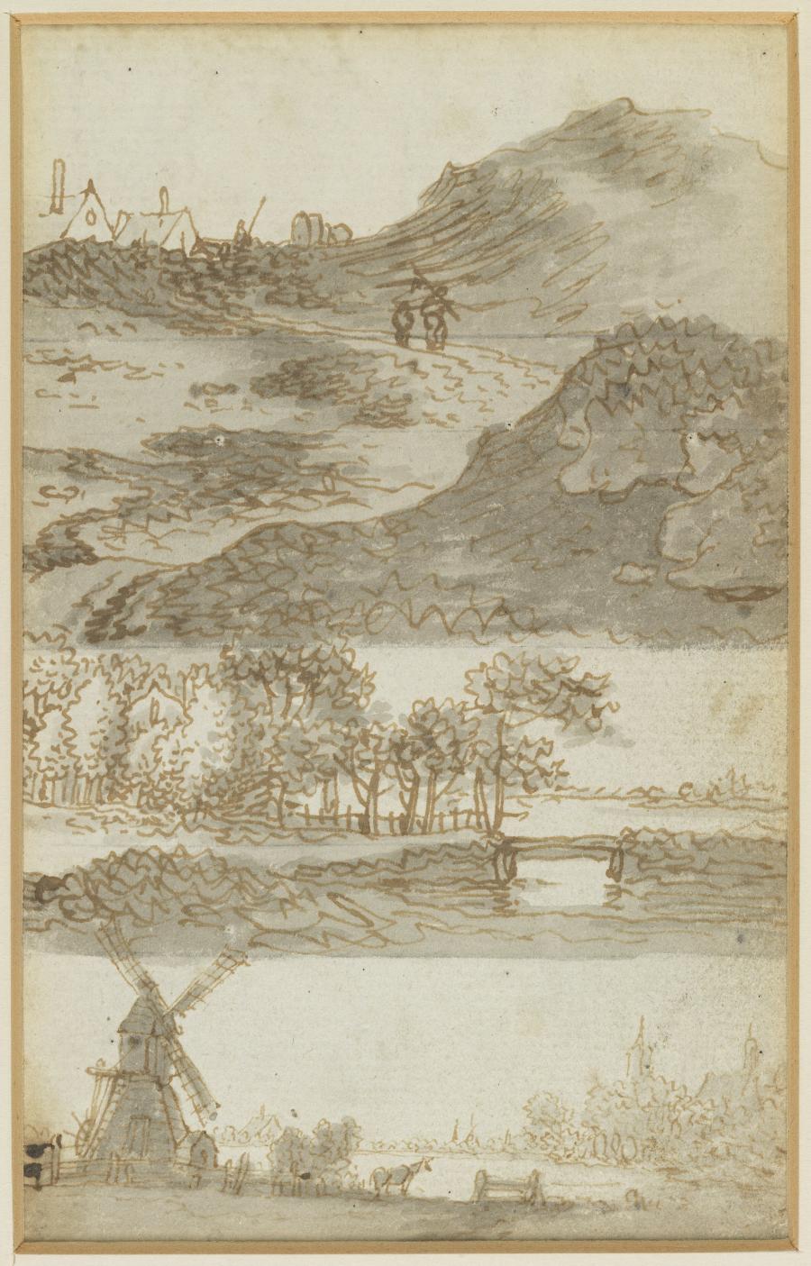 One of Seven Sheets with Studies from a Lost Drawing-Book: Three Landscapes, One with a Watermill