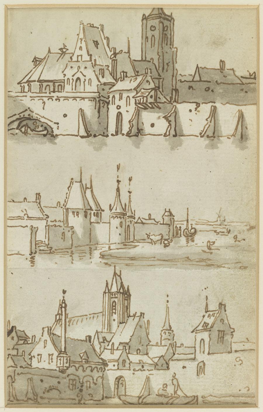 One of Seven Sheets with Studies from a Lost Drawing-Book: Three City Views with a River