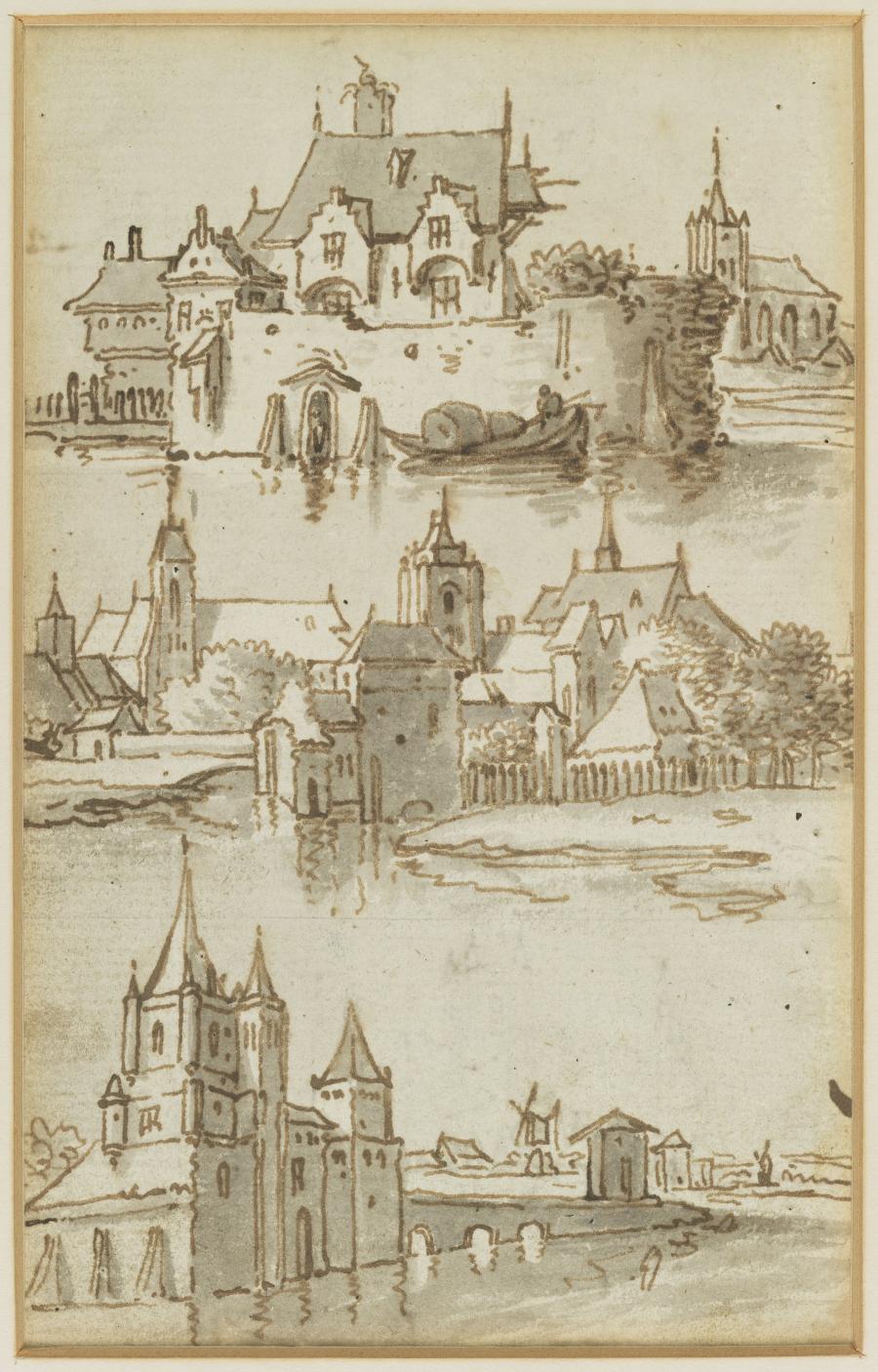 One of Seven Sheets with Studies from a Lost Drawing-Book: Three City Views with a River