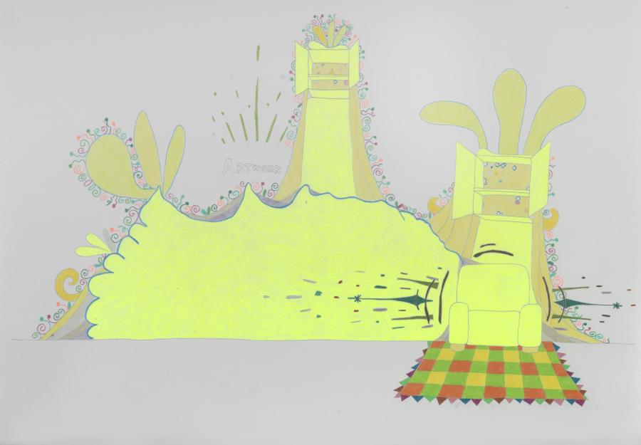 Artwork, design for wallpainting with chair, carpet, closets