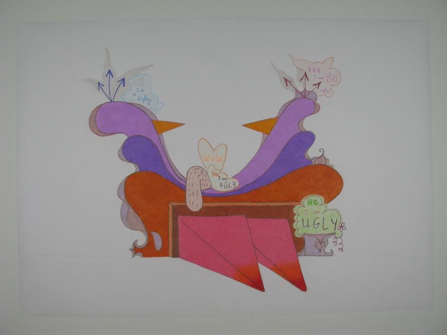 Wow Yes I am Ugly, design for wallpainting with wooden elements