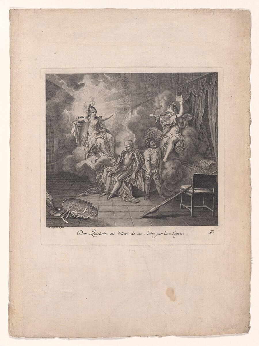 Don Quijote est délivré de sa folie par la Sagesse, uit: Estampes de l’histoire de Don Quichotte de la Mancha peintes par Coypel, gravées en 25 feuilles.