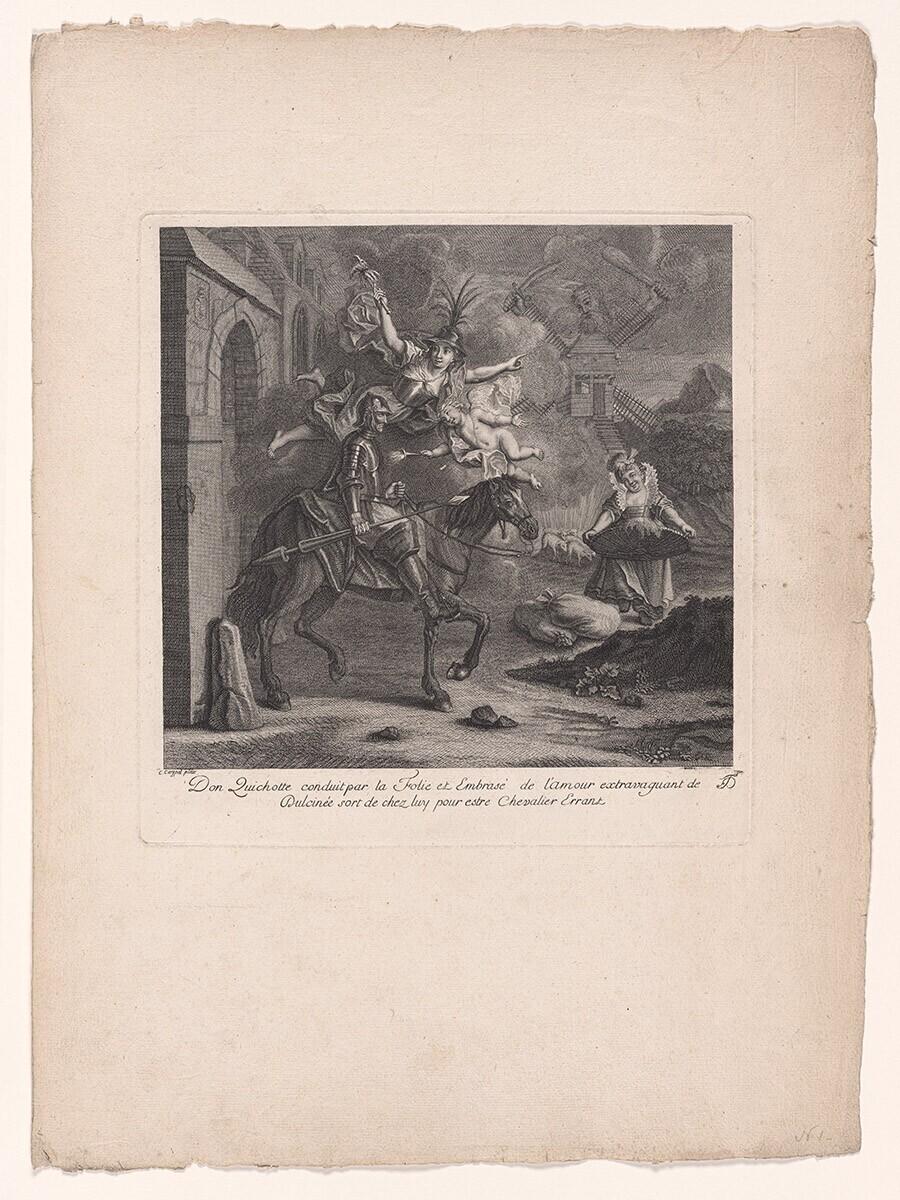 Don Quichotte conduit par la Folie et embrasé de l'amour extravagant de Dulcinée..., uit: Estampes de l’histoire de Don Quichotte de la Mancha peintes par Coypel, gravées en 25 feuilles.