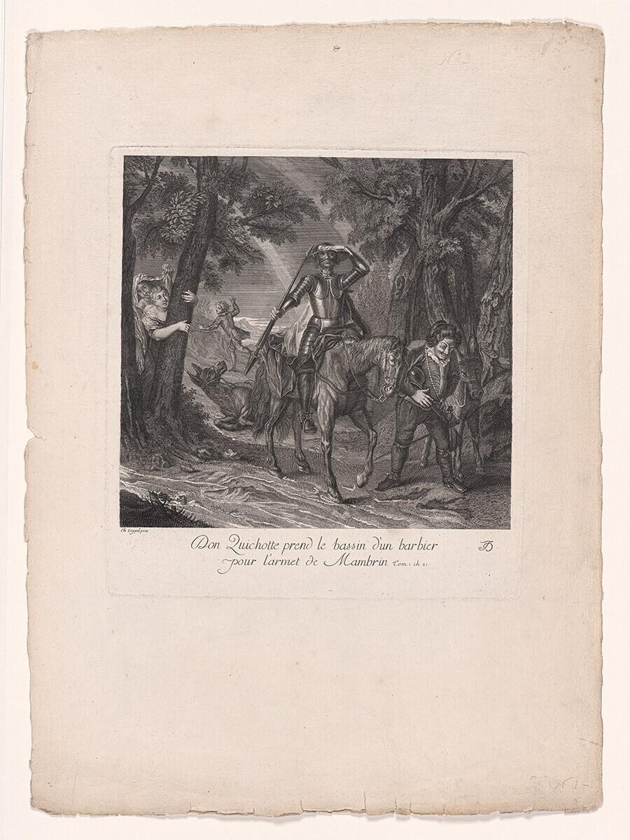 Don Quichotte prend le bassin d'un barbier pour l'armet de Mambrin. uit: Estampes de l’histoire de Don Quichotte de la Mancha peintes par Coypel, gravées en 25 feuilles.