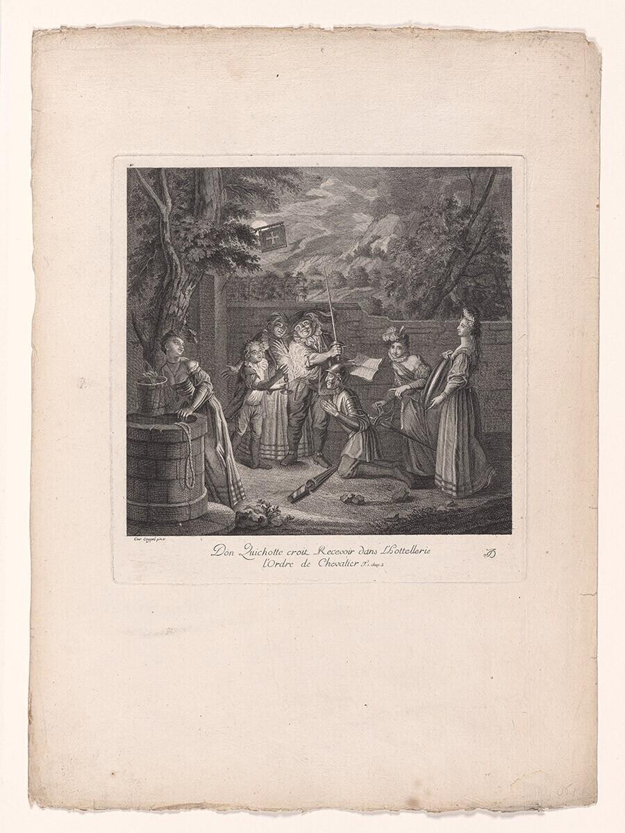 Don Quichotte croit recevoir dans l'hôtellerie l'ordre de chevalier. uit: Estampes de l’histoire de Don Quichotte de la Mancha peintes par Coypel, gravées en 25 feuilles.
