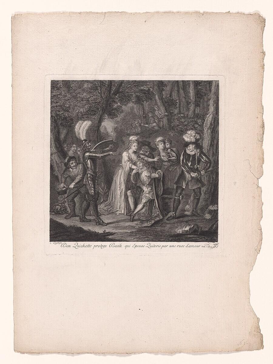 Don Quichotte protège Basile qui épouse Quiterie par une ruse d'amour. Uit: Estampes de l’histoire de Don Quichotte de la Mancha peintes par Coypel, gravées en 25 feuilles.