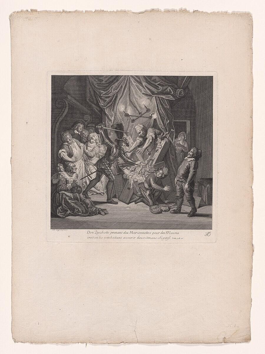 Don Quichotte prenant des marionnettes pour des Maures...  Uit: Estampes de l’histoire de Don Quichotte de la Mancha peintes par Coypel, gravées en 25 feuilles.