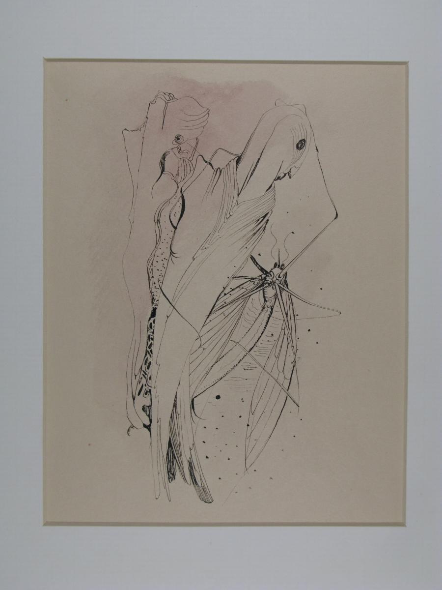 Compositie met vogelachtige figuur en gevleugeld insect