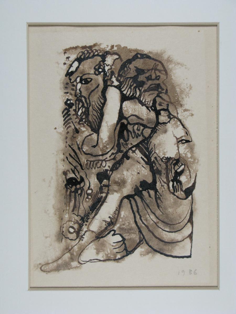 Composition with human Figure curved to the Lleft and two human Heads