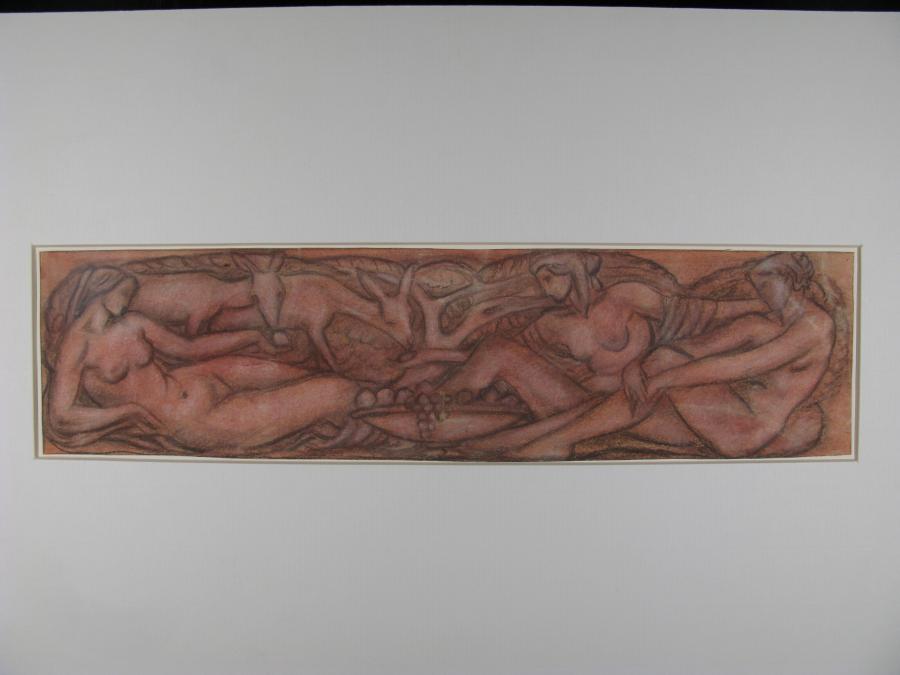 Design for a Frieze with a lying female Nude on the left Side, feeding Deer, and two seated female Nudes on the right Side