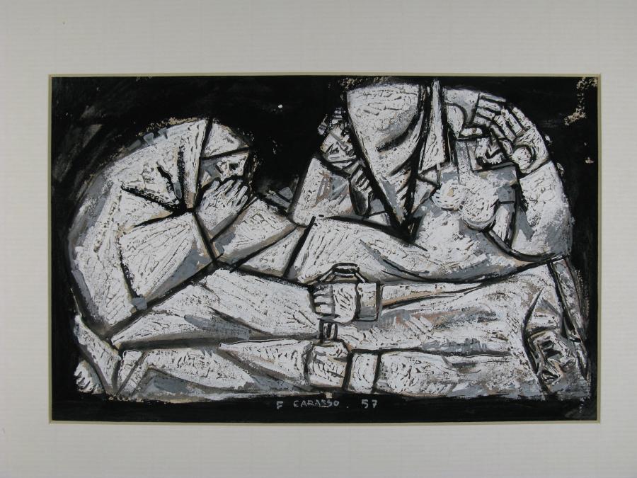 White-Black Gouaches. Chained lying Figure with seated Figures around it