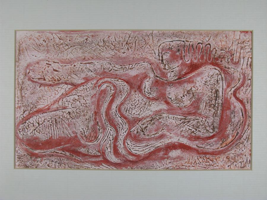 Gouaches blanc -noir. Liggende figuur met slang