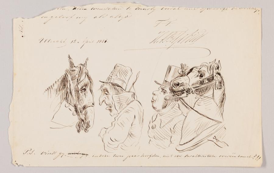 Fragment van een brief met studies van tronies vergeleken met  paardenhoofden