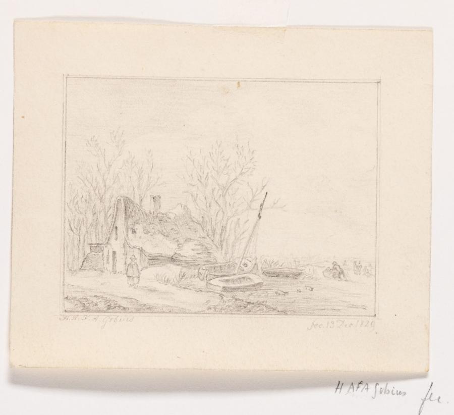 Zicht op een boerenhut aan de oever van een rivier